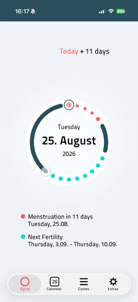 iWoman circle view for 25 August 2026, with next period and fertility dates