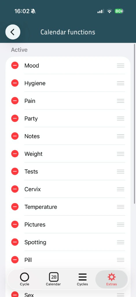 iWoman calendar functions list, with categories that can be reordered or removed
