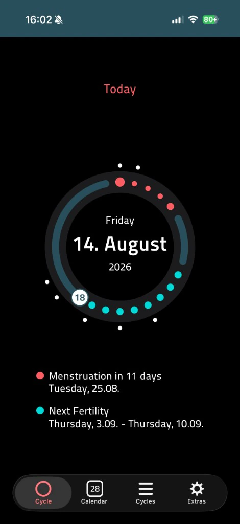 iWoman circle view in dark mode, showing next period and fertility dates